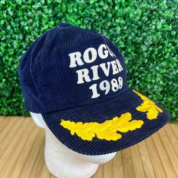 Red Eye Corduroy Hat Vintage 1988 Rogue River Mens Hat Made in Korea Corduroy 80s Navy Blue Cap